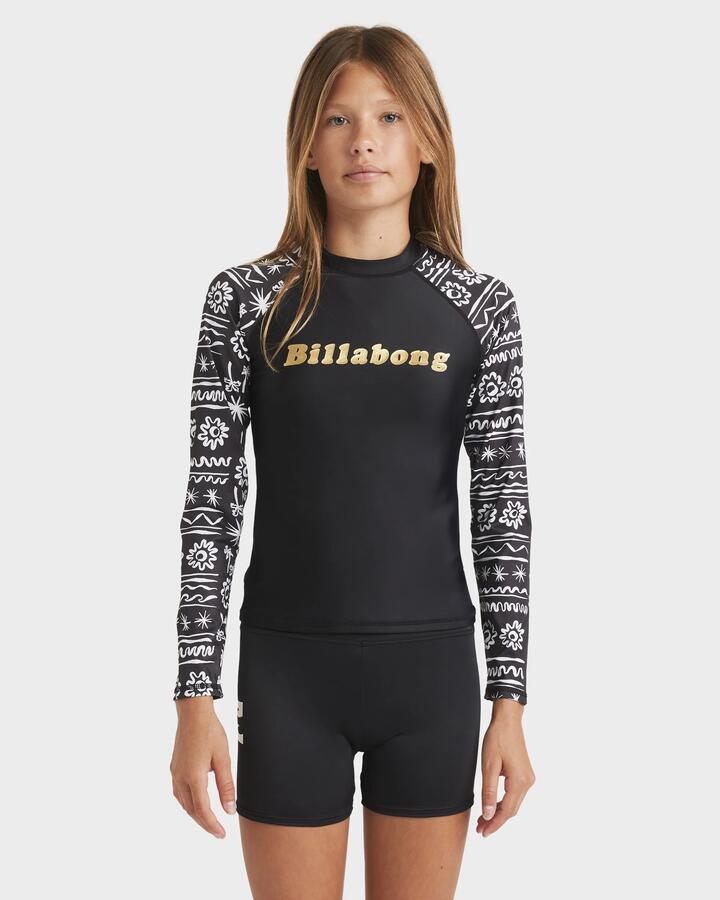 Image of a model wearing Tops. Product name - Billabong Girls 6-16 Lost On You Long Sleeve Sunshirt Rash Vest Black in Black colour by brand - Billabong