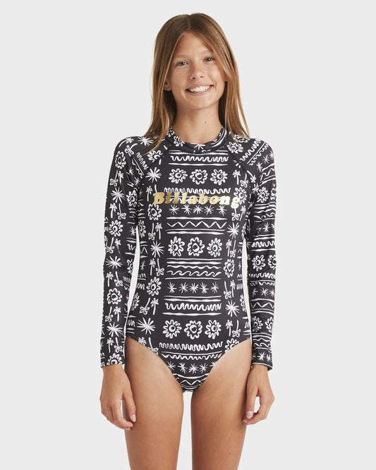 Image of a model wearing Tops. Productname: Billabong Girls 8-14 Lost On You Long Sleeve Bodysuit Rash Vest Black - in Black colour by brand - Billabong