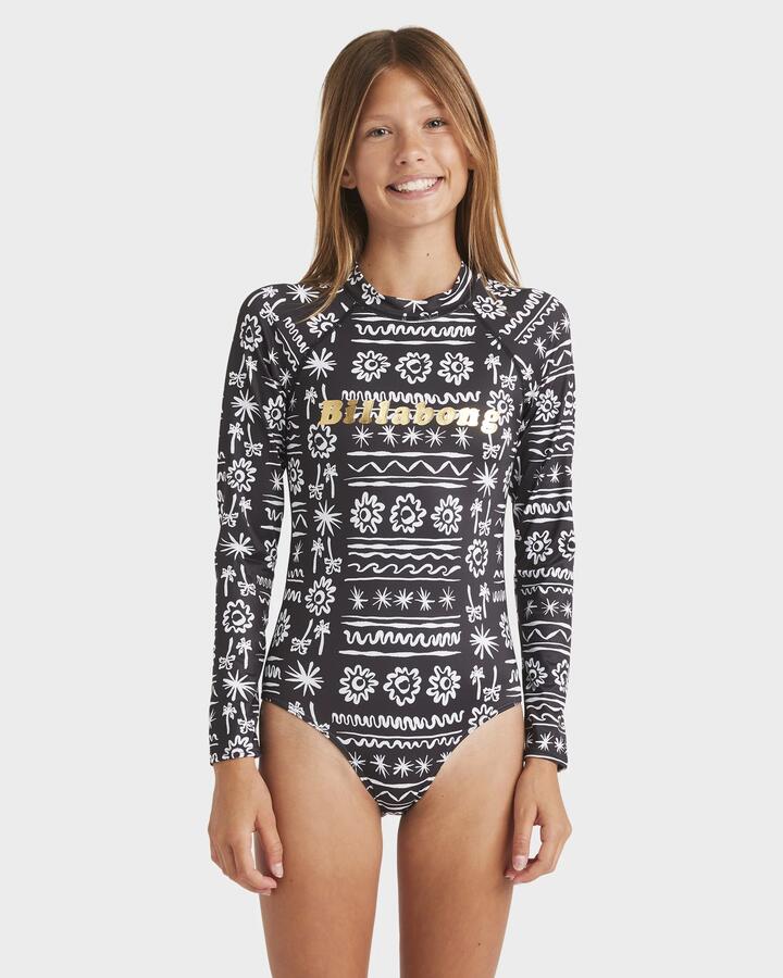 Image of a model wearing Tops. Product name - Billabong Girls 8-14 Lost On You Long Sleeve Bodysuit Rash Vest Black in Black colour by brand - Billabong