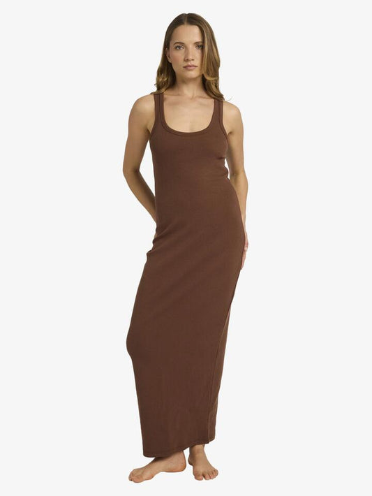 Image of Dresses. Product name - Roxy Womens Base Rib Maxi Dress Coffee in Coffee colour by brand - Roxy