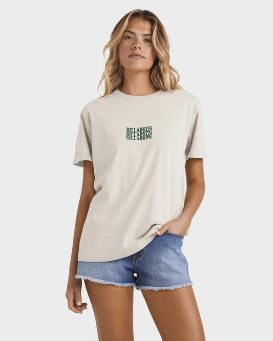 Image of a model wearing Tops. Productname: Billabong Womens Surf High T-Shirt Salt Crystal - in Salt Crystal colour by brand - Billabong