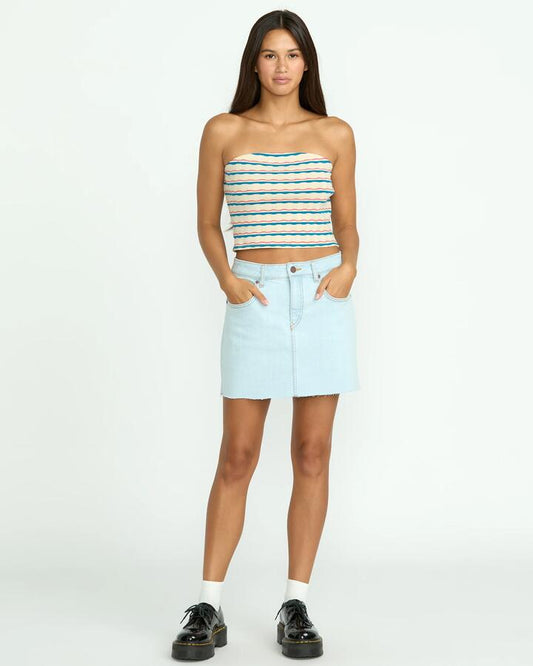 Image of a model wearing Skirts. Productname: Volcom Womens Dropping In Denim Skirt Cruzer Blue - in Cruzer Blue colour by brand - Volcom