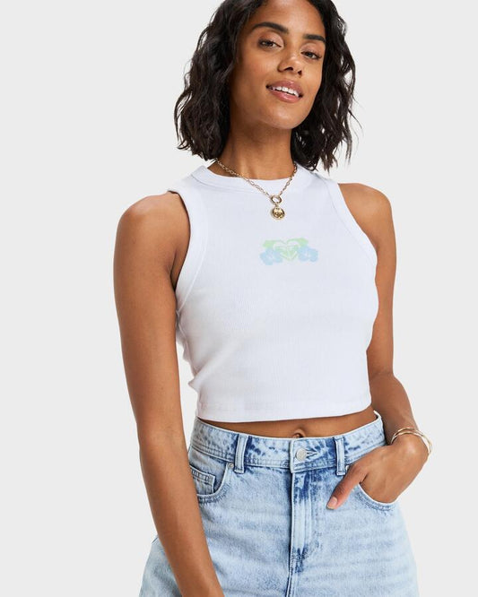 Image of a model wearing Tops. Productname: Roxy Womens Iconic Days Tank Top Bright White - in Bright White colour by brand - Roxy