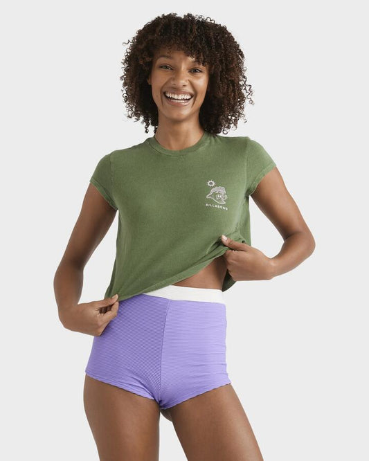 Image of a model wearing Tops. Productname: Billabong Womens Oceans Greatest T-Shirt Luv Army - in Luv Army colour by brand - Billabong
