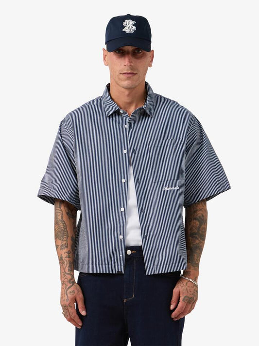 Image of a model wearing Tops. Productname: Zanerobe Box Crop Shirt in Navy Stripe colour by brand - Zanerobe