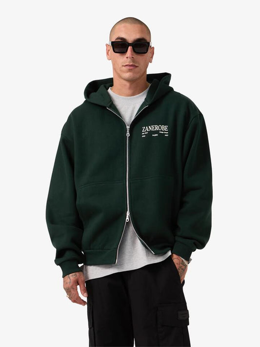 Image of a model wearing Outerwear. Productname: Zanerobe Ceramic Box Zip Hood in Forest colour by brand - Zanerobe