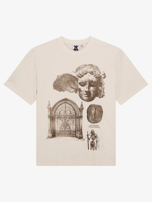 Image of a model wearing Tops. Productname: Deus Invocation Tee in Dirty White colour by brand - Deus