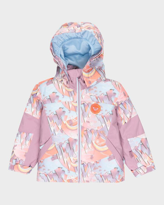 Image of a model wearing Outerwear. Productname: Roxy Girls 2-7 Snowy Tale Snow Jacket Coral Chic Papercut - in Coral Chic Papercut colour by brand - Roxy