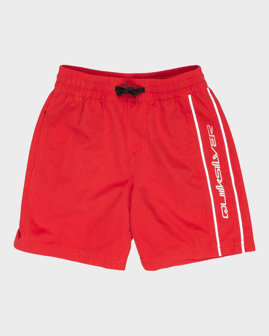 Image of a model wearing Shorts. Product name - Quiksilver Boys 2-7 Vert Volley 13" Swim Shorts Salsa in Salsa colour by brand - Quiksilver