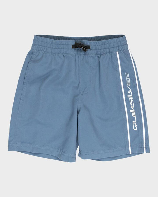 Image of a model wearing Shorts. Productname: Quiksilver Boys 2-7 Vert Volley 13" Swim Shorts China Blue - in China Blue colour by brand - Quiksilver