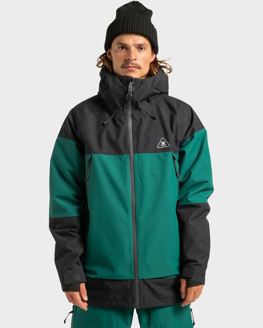 Image of a model wearing Outerwear. Productname: DC Shoes Mens Intel 30K Snow Jacket Black/Deep Teal - in Black/Deep Teal colour by brand - DC Shoes