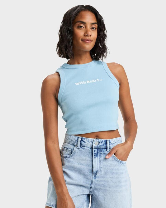 Image of a model wearing Tops. Productname: Roxy Womens Iconic Days Tank Top Sky Blue - in Sky Blue colour by brand - Roxy