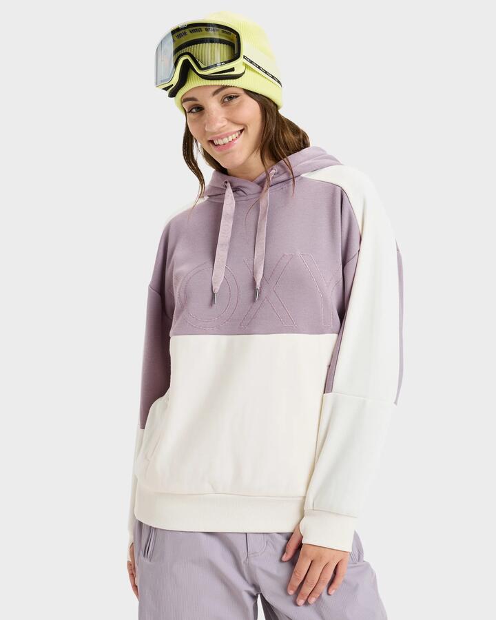 Image of a model wearing Outerwear. Product name - Roxy Womens Liberty Pullover Hoodie Nirvana in Nirvana colour by brand - Roxy