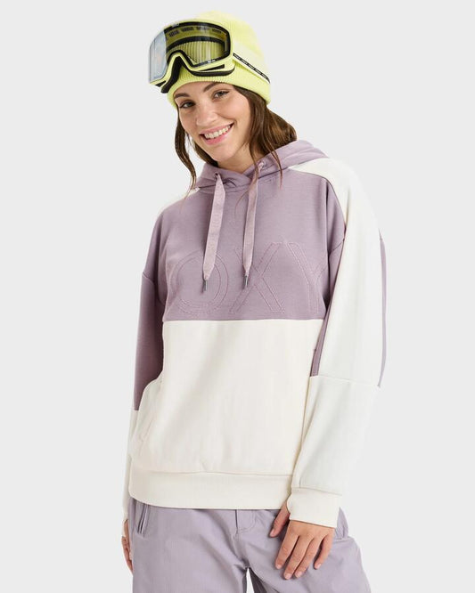 Image of a model wearing Outerwear. Product name - Roxy Womens Liberty Pullover Hoodie Nirvana in Nirvana colour by brand - Roxy