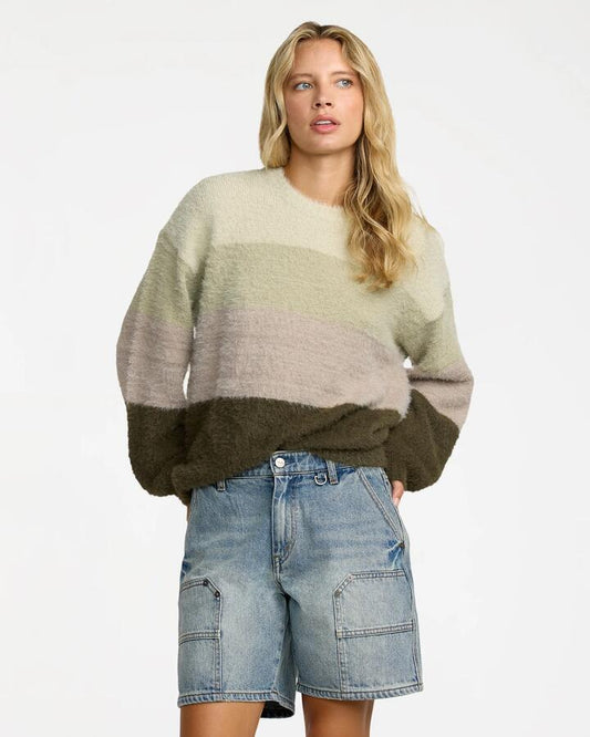 Image of a model wearing Shorts. Productname: RVCA Womens Chainmail Denim Shorts Light Vintage Indigo - in Light Vintage Indigo colour by brand - RVCA