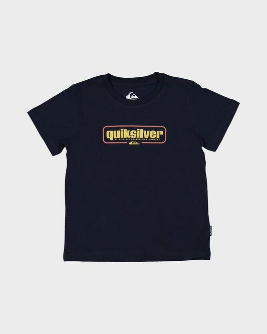 Image of a model wearing Tops. Productname: Quiksilver Boys 2-7 Retro Box T-Shirt Dark Navy - in Dark Navy colour by brand - Quiksilver