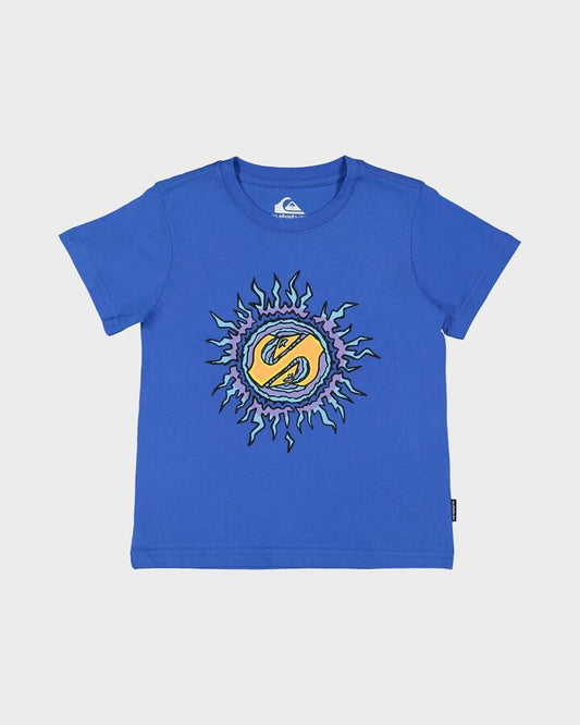 Image of a model wearing Tops. Productname: Quiksilver Boys 2-7 Spiral Flame T-Shirt Nebulas Blue - in Nebulas Blue colour by brand - Quiksilver