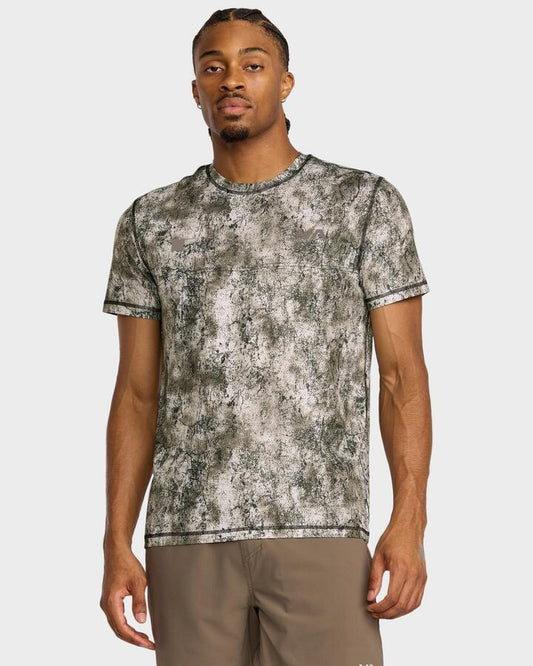 Image of a model wearing Tops. Productname: RVCA Mens Vent Lite T-Shirt Silver Bleach - in Silver Bleach colour by brand - RVCA