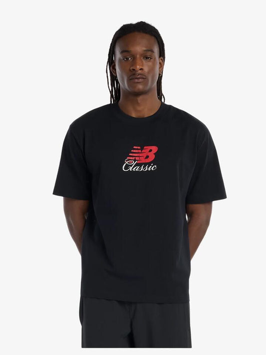 Image of a model wearing Tops. Productname: New Balance Hoops Classic Graphic T-Shirt in Black colour by brand - New Balance
