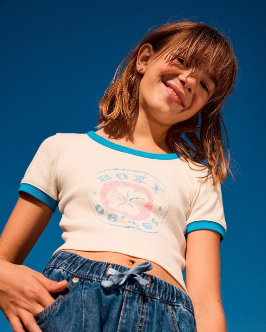 Image of a model wearing Tops. Productname: Roxy Girls 8-16 Hey Yeah Crop Top Snow White - in Snow White colour by brand - Roxy