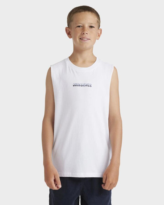 Image of a model wearing Tops. Product name - Quiksilver Boys 8-16 Day And Night Muscle Shirt White in White colour by brand - Quiksilver