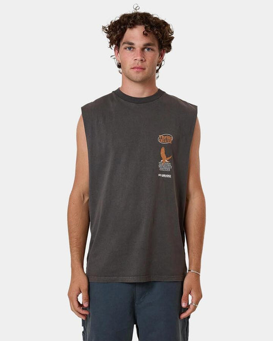 Image of a model wearing Tops. Productname: Thrills Mens 1St Grade Service Muscle Shirt Black - in Black colour by brand - Thrills