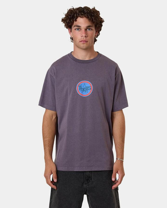 Image of a model wearing Tops. Productname: Thrills Mens Super Blast T-Shirt Purple - in Purple colour by brand - Thrills