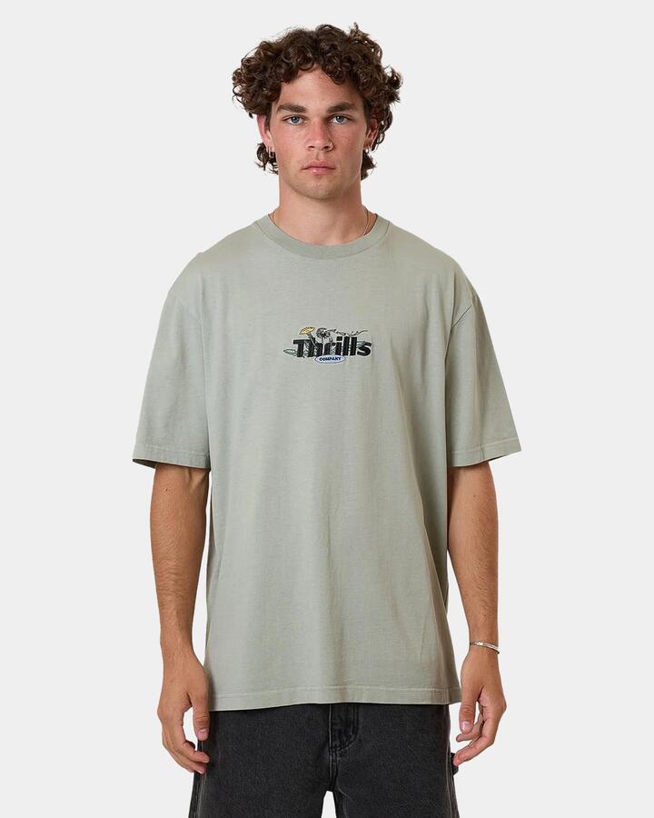 Image of a model wearing Tops. Productname: Thrills Mens Make A Wish Oversized T-Shirt Grey - in Grey colour by brand - Thrills