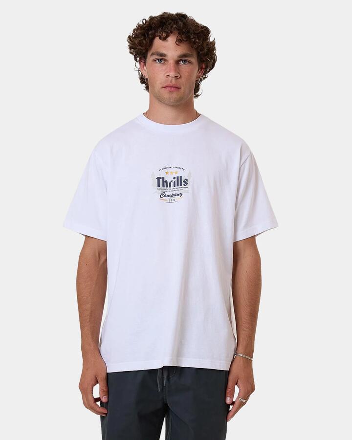 Image of a model wearing Tops. Productname: Thrills Mens Og Strength T-Shirt White - in White colour by brand - Thrills