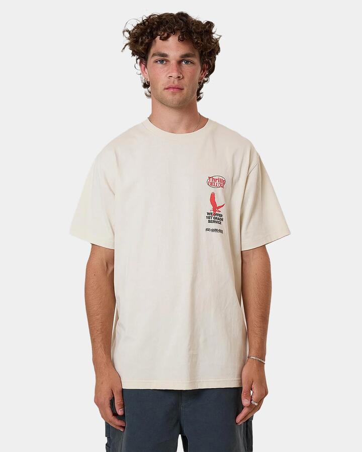 Image of a model wearing Tops. Productname: Thrills Mens 1St Grade Service T-Shirt White - in White colour by brand - Thrills
