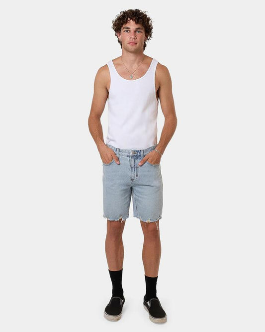 Image of a model wearing Shorts. Productname: Thrills Mens Bones Denim Shorts Blue - in Blue colour by brand - Thrills