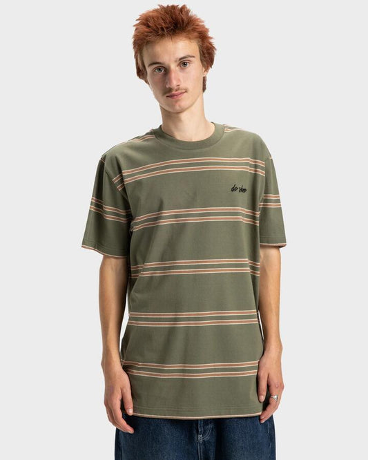 Image of a model wearing Tops. Productname: DC Shoes Mens Maximize T-Shirt Bronze Green - in Bronze Green colour by brand - DC Shoes