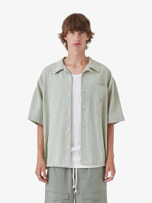 Image of a model wearing Tops. Productname: Barney Cools Boathouse Shirt Stripe in Green Stripe colour by brand - Barney Cools