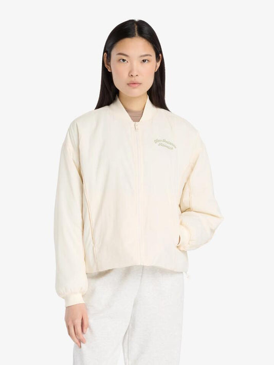 Image of a model wearing Outerwear. Productname: New Balance Linear Heritage Woven Bomber Jacket in Permafrost colour by brand - New Balance