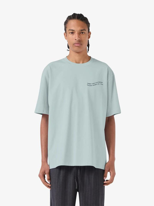 Image of a model wearing Tops. Productname: Barney Cools Balearic Tee in Sea Spray colour by brand - Barney Cools