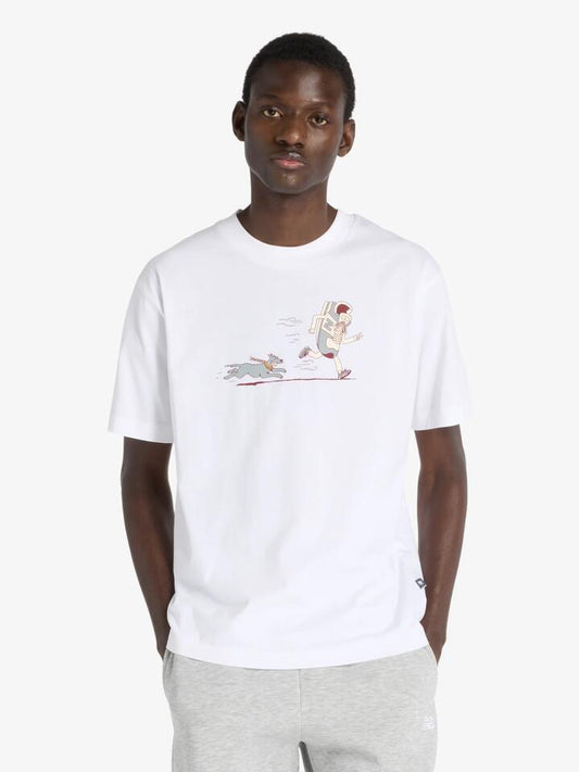 Image of a model wearing Tops. Productname: New Balance Newbie Chase T-Shirt in White colour by brand - New Balance