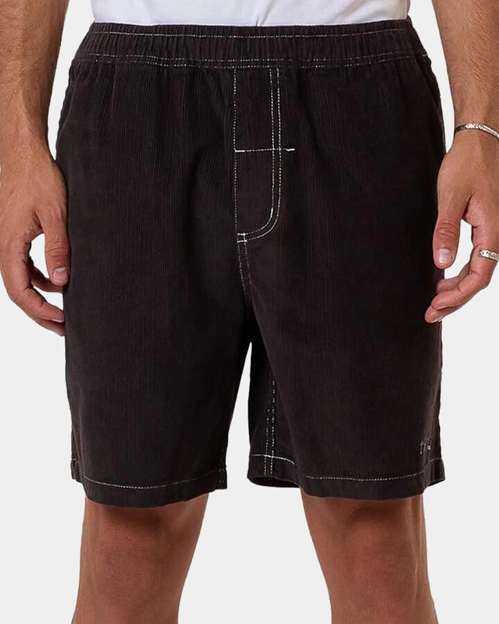 Image of a model wearing Shorts. Product name - Thrills Mens Anarchy In Paradise Cord Shorts Black in Black colour by brand - Thrills