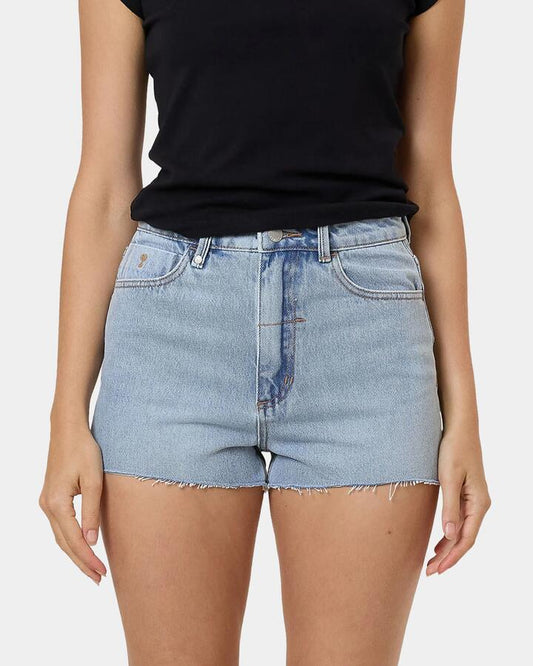 Image of a model wearing Shorts. Productname: Thrills - Womens Sadie Denim Shorts - Blue - in Blue colour by brand - Thrills