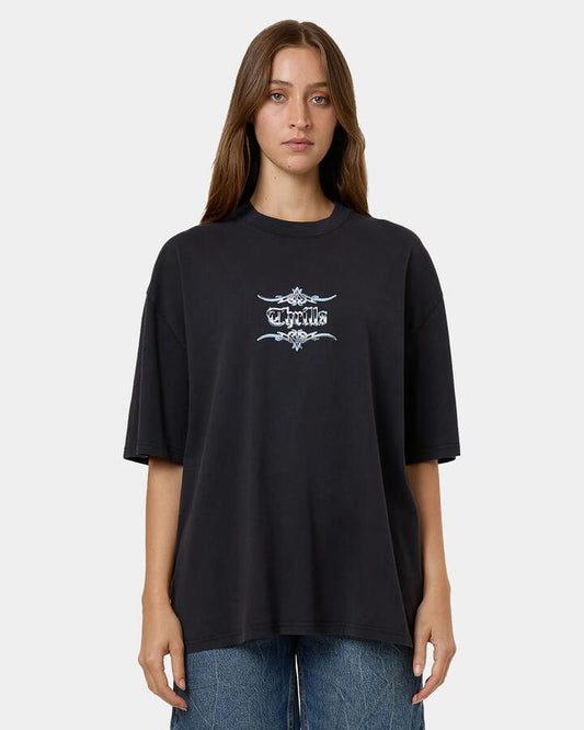 Image of T-Shirts. Product name - Thrills Womens Metal And Mayhem Oversized T-Shirt Black in Black colour by brand - Thrills