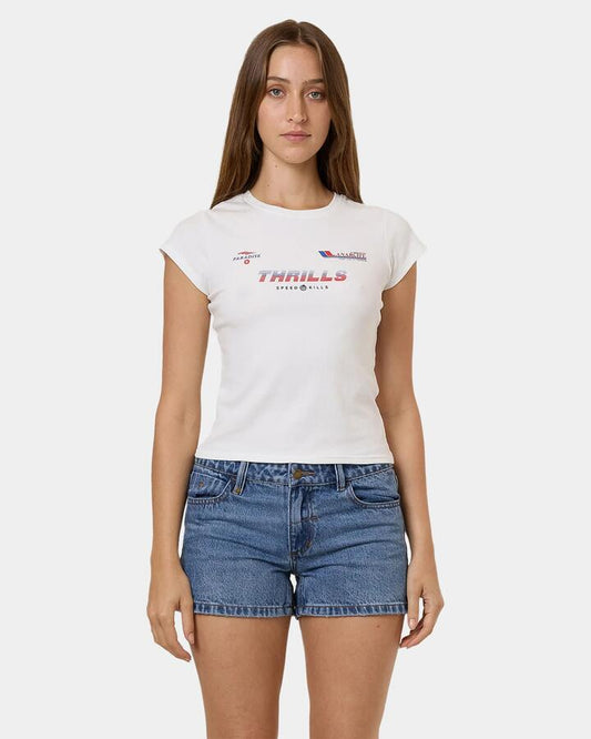 Image of a model wearing Tops. Productname: Thrills Womens Anarchy In Paradise Club T-Shirt White - in White colour by brand - Thrills