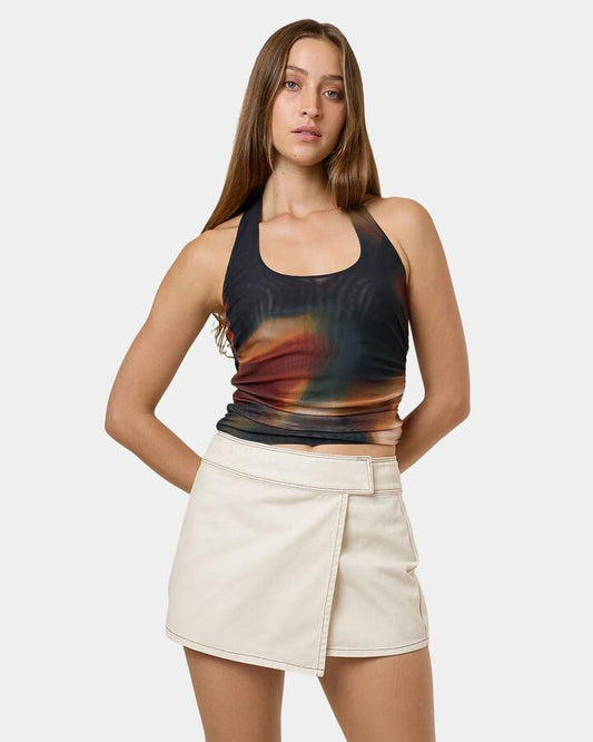 Image of a model wearing Skirts. Productname: Thrills - Womens Night Shift Wrap Mini Skirt - White - in White colour by brand - Thrills