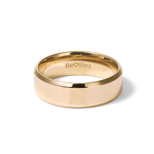 Image of Flats. Productname: 7mm Flat Bevelled Edge Wedding Band in 9kt Yellow Gold in Gold colour by brand - Bevilles