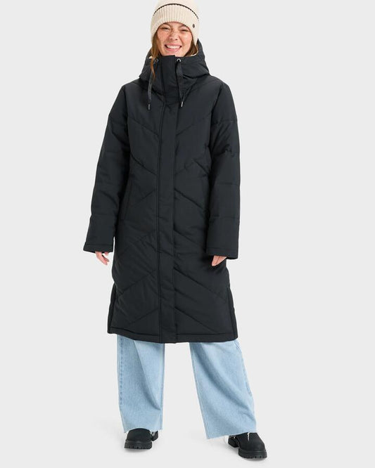 Image of a model wearing Outerwear. Productname: Roxy - Womens Ellie Insulated Jacket - True Black - in True Black colour by brand - Roxy