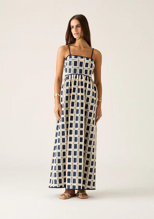 Image of a model wearing Dress. Productname: Lara Crochet Maxi Dress in Navy colour by brand - MOS The Label