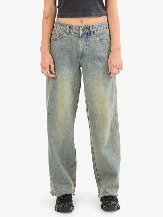 Image of a model wearing Denim. Productname: Worship Sloucher Jean in HAZARD BLUE colour by brand - Worship