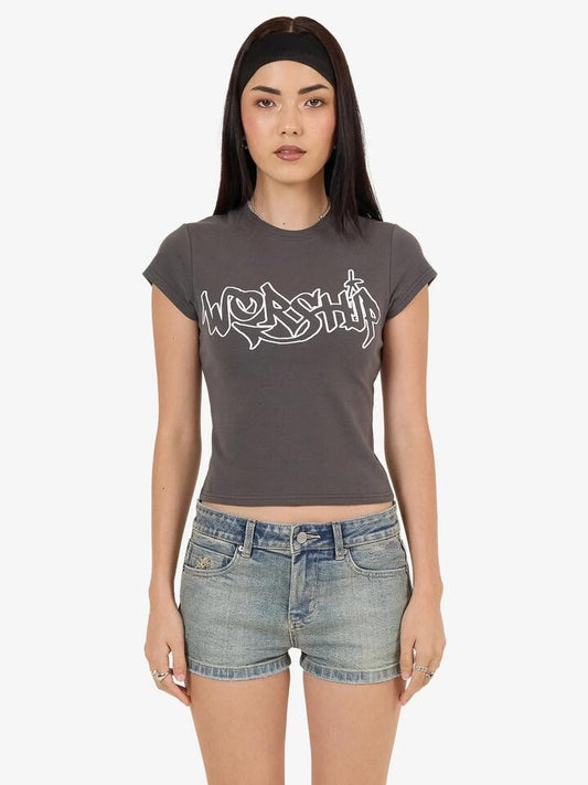 Image of Hats. Productname: Worship Throws Cap Sleeve Tee in Worn Black colour by brand - Worship