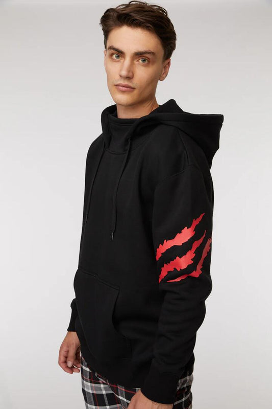 Image of a model wearing Outerwear. Productname: Scratch That Hoodie in Black colour by brand - Black Friday