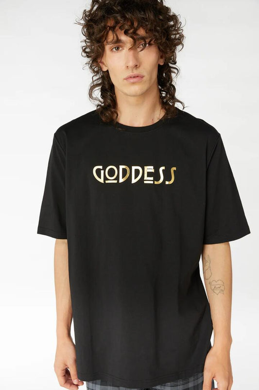 Image of a model wearing Tops. Productname: Goddess Oversized Tee in Black colour by brand - Black Friday