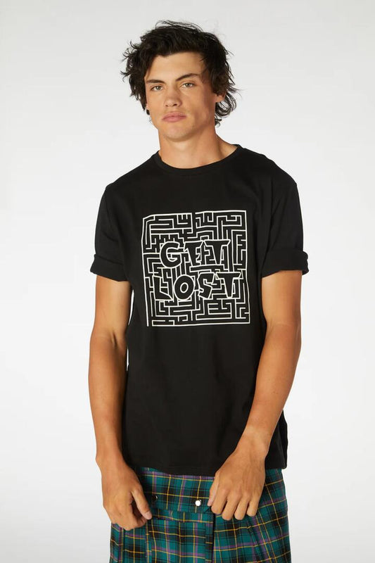 Image of a model wearing Tops. Productname: Get Lost Tee in Black colour by brand - Black Friday