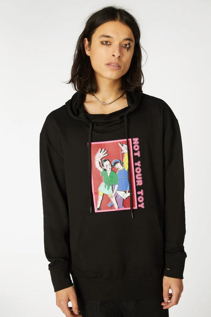 Image of a model wearing Outerwear. Productname: Grunge Printed Hoodie in Black colour by brand - Black Friday
